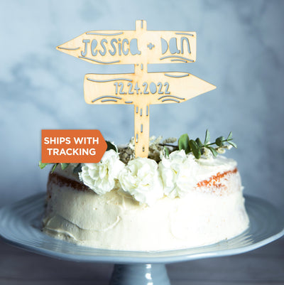 Custom Name Wedding Cake Topper | Personalized Adventure Cake Topper, Mr Mrs Wood Topper, Travel Themed Topper, Rustic Wedding Decor Topper