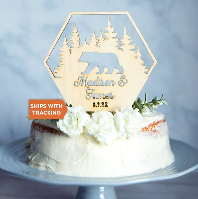 Custom Name Mountain Wedding Cake Topper | Personalized Mountain Topper, Mr Mrs Wood Topper, Adventure Themed Topper, Rustic Wedding Decor