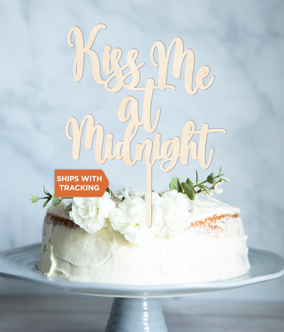 Kiss Me at Midnight Wedding Cake Topper | Personalized Topper,Rustic Wood Acrylic Cake Topper,Anniversary Engagement Topper,Wedding Decor