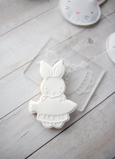 Easter Girl Bunny With Carrot - Acrylic Fondant Embosser With Optional Cutter | Cookie Stamp, Easter Fondant Embosser, Easter Cookie Cutter
