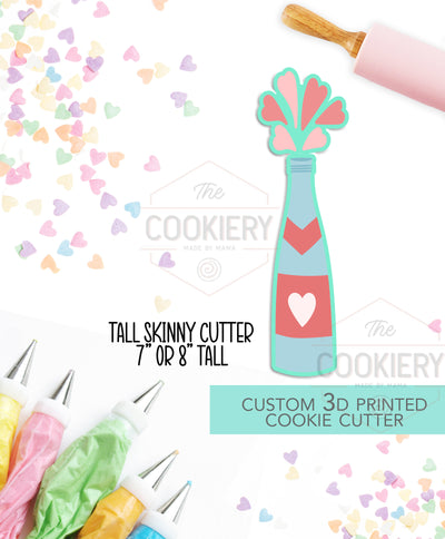 Tall Champagne Bottle with Hearts Cookie Cutter - Valentine's Day Cookie Cutter - 3D Printed Cookie Cutter - TCK47168